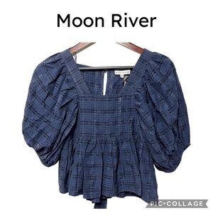 Moon River Square neck puff sleeve navy blue babydoll top XS NWT